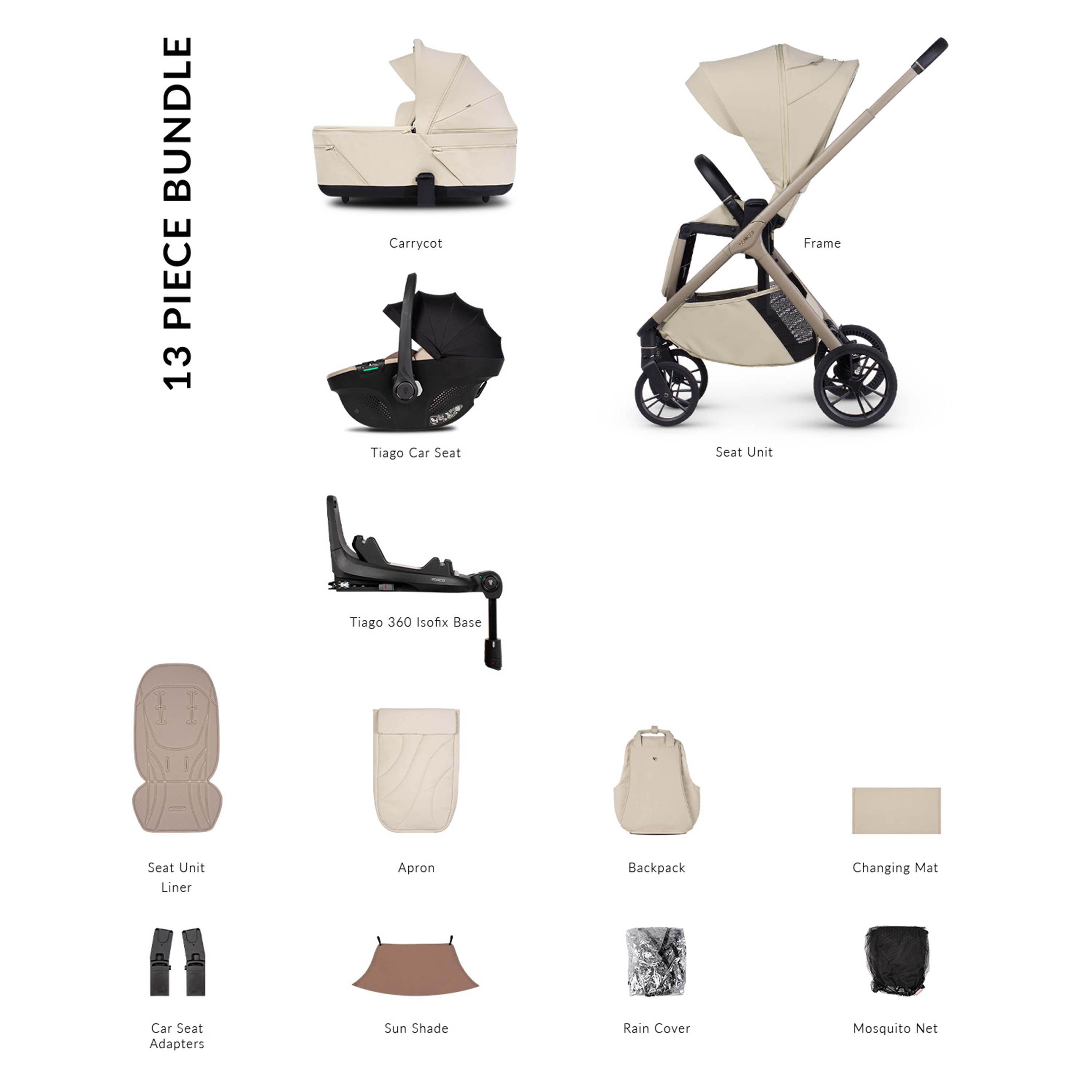 Venicci Tila Pram 13-Piece Luxury Bundle - Sabbia - Tiago Beige
