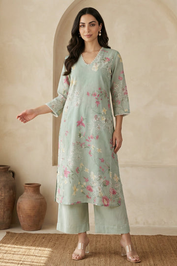 Sea Green Floral Printed Embroidered Chanderi Straight Kurta