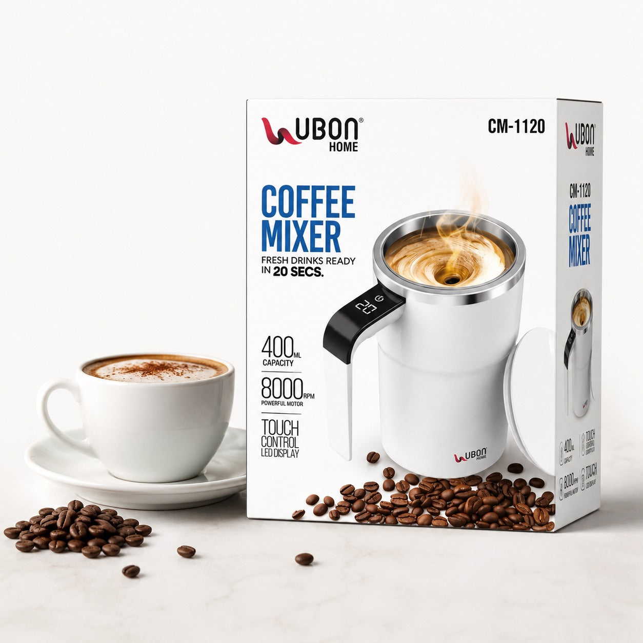 UBON Home CM-1120 Rechargeable Coffee Mixer Mug 400ml | Automatic Self Stirring Coffee Mug with Touch LED Display | Stainless Steel Vacuum Insulated Coffee Blender Cup for Hot & Cold Beverages | 1 Year Warranty