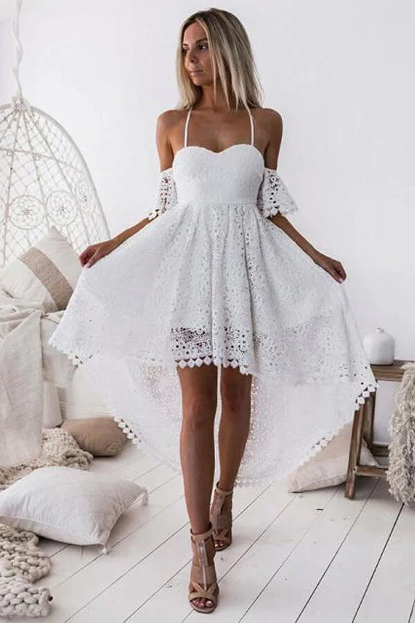 White Lace High Low Sweetheart Short Homecoming Dress, Graduation Dresses, PH400 | white homecoming dresses | lace homecoming dresses | school event dress | promnova.com