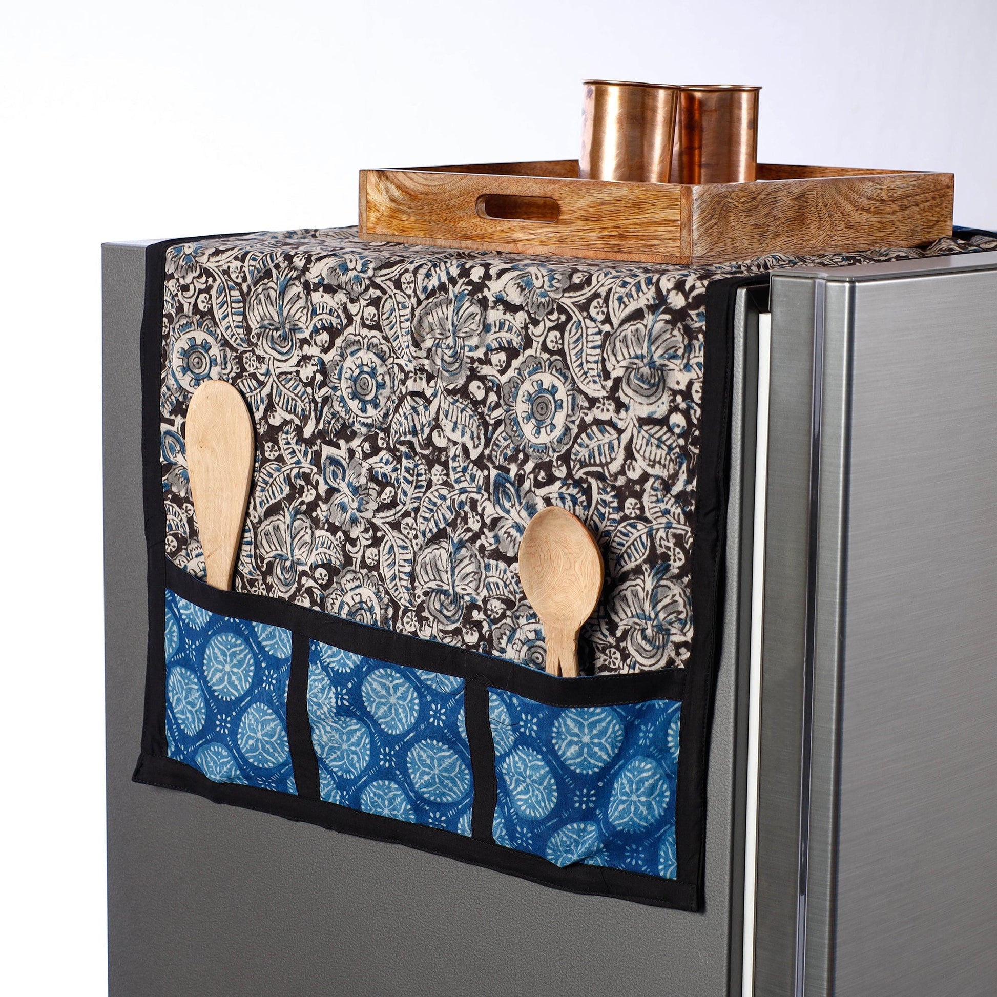 Black - Kalamkari Block Printed Cotton Fridge Top Cover with Multiple Pockets