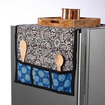 Black - Kalamkari Block Printed Cotton Fridge Top Cover with Multiple Pockets