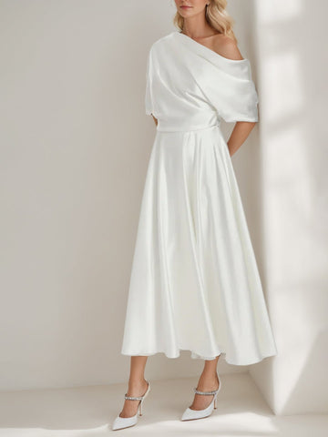A-Line/Princess One-Shoulder Half Sleeves Ankle Length Wedding Dress With Ruffles - BabaMila