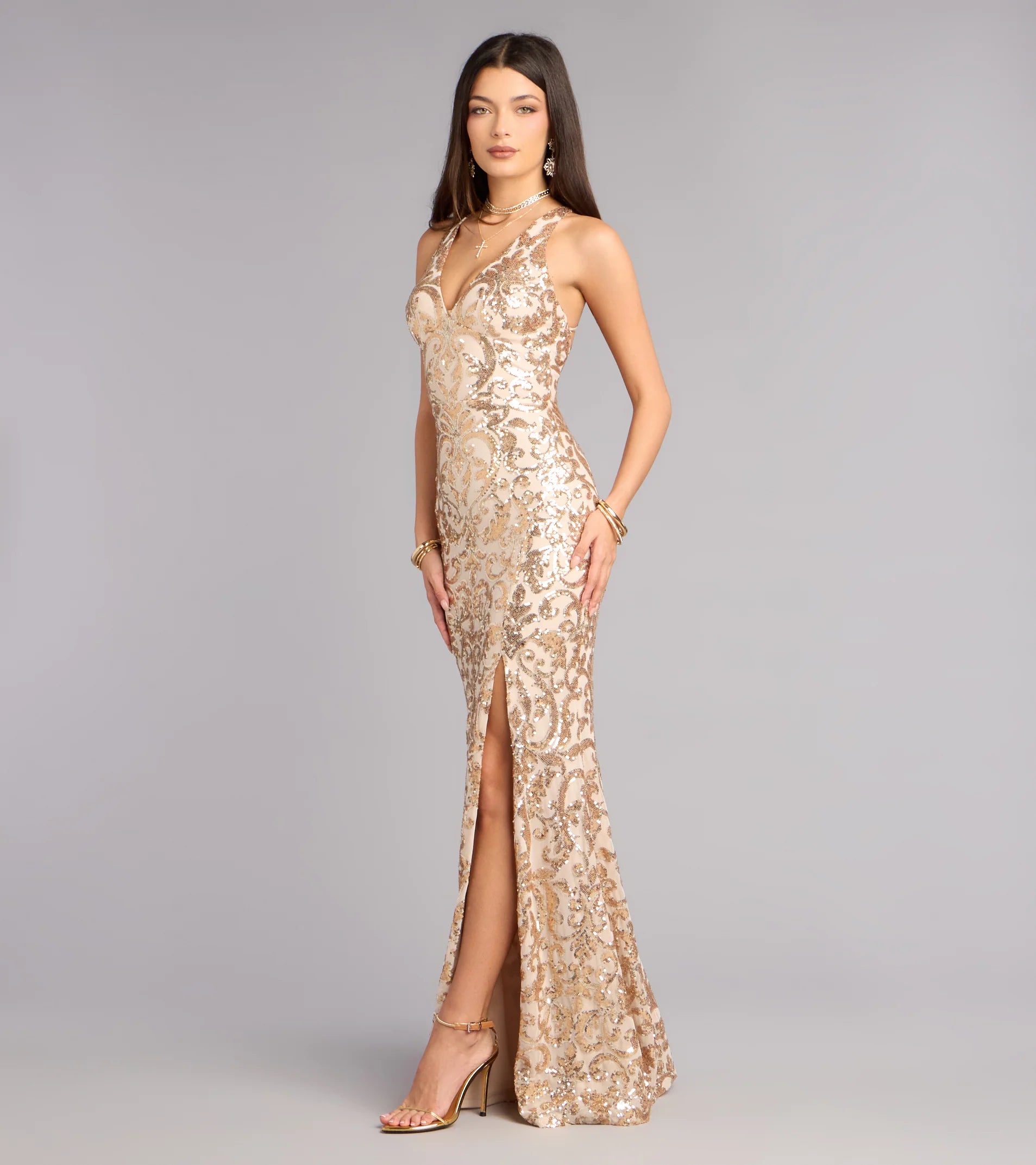 Emely Floral Sequin High Slit Mermaid Dress
