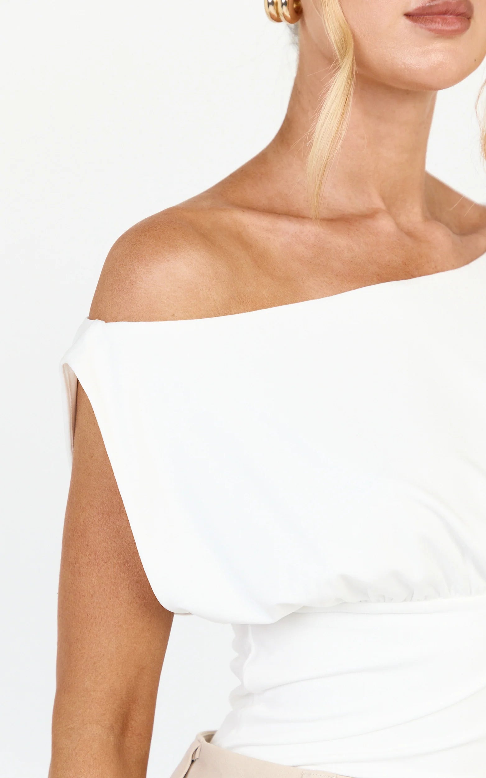 Lani Top - Asymmetrical Neckline Cinched Waist Top in White