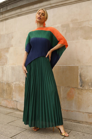 Green Colour Block Pleated Top and Skirt Co-ords Suits