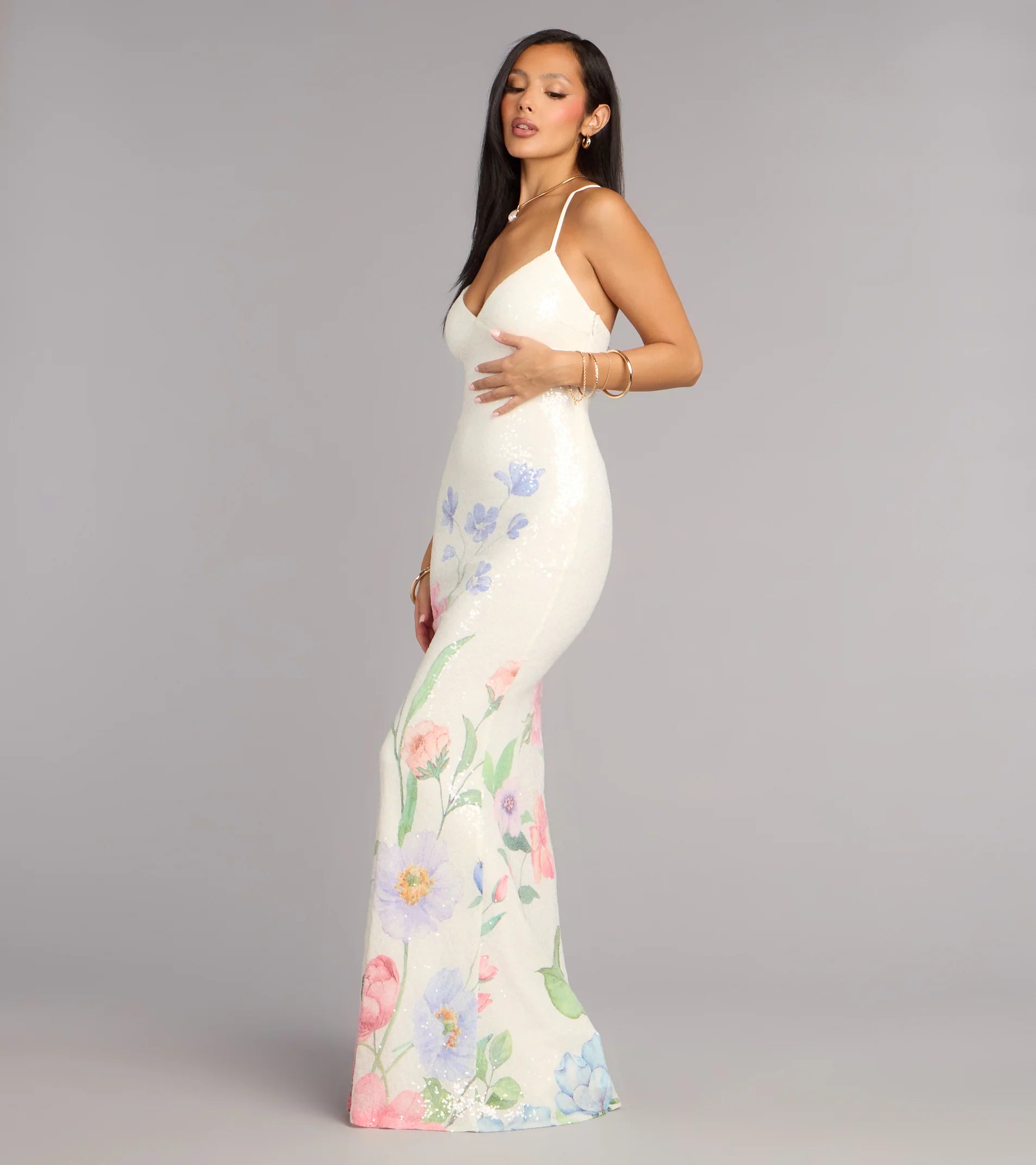 Melany Floral Sequin Lace-Up Formal Dress