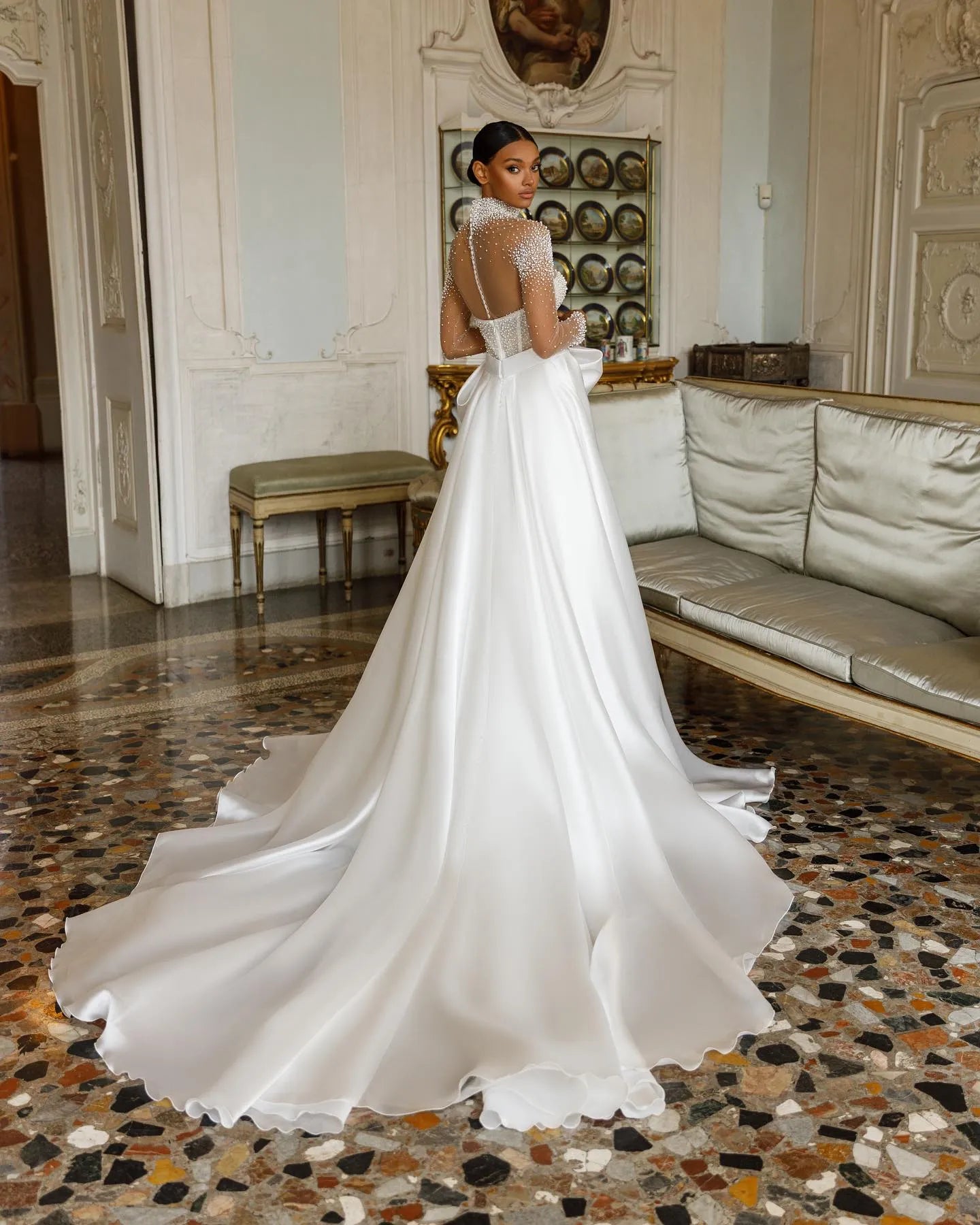Plus Size Sheer Satin High neck wedding dress with Pearls, High Neck, Long Sleeves, Bone Bodice, and Backless Design