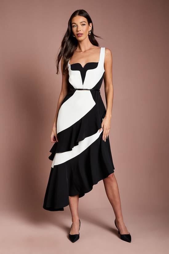 Women's Colour Block Asymmetric Hem Midi Dress, Mono