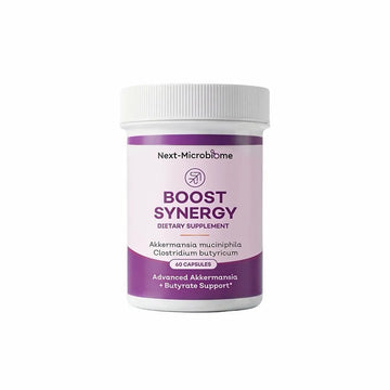 Boost Synergy dietary supplement bottle with Akkermansia muciniphila and Clostridium butyricum for gut, digestive, and metabolic health support