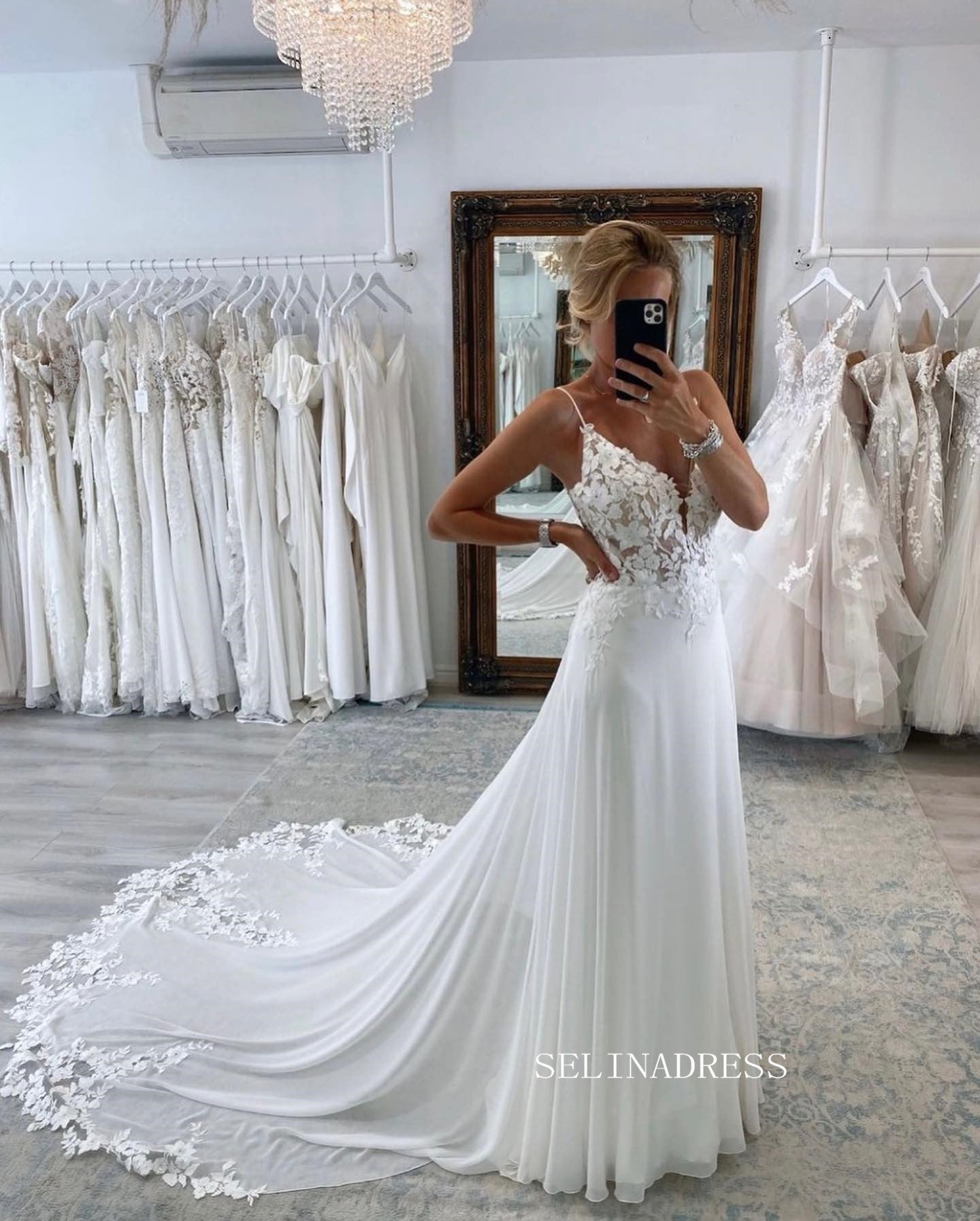 Chic Spaghetti Straps Romantic Wedding Dresses Open Back Chiffon Bidal Dresses JKP014|Selinadress