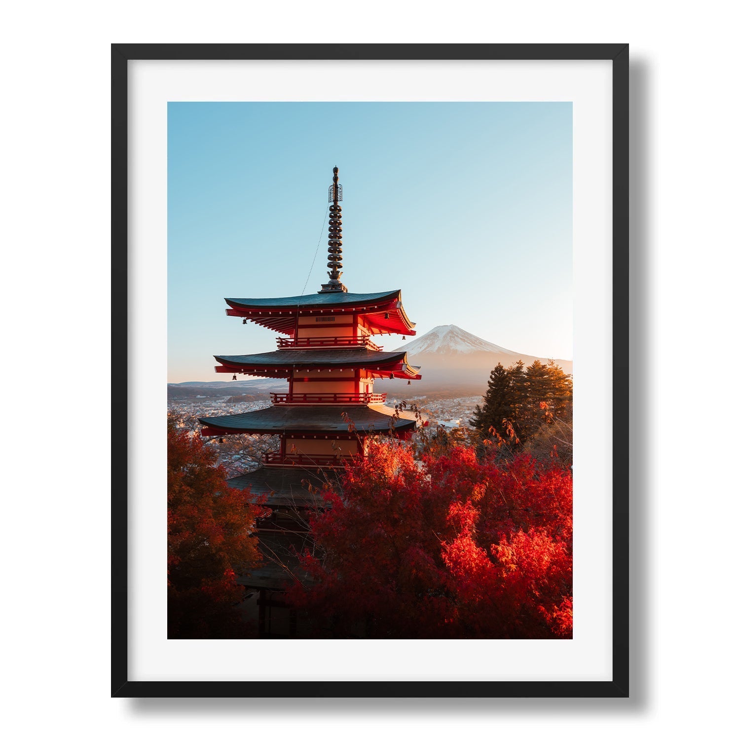 Chureito Pagoda and Mount Fuji in Autumn Glow Framed Print - Architecture by Peter Yan Studio