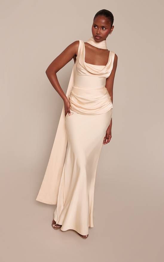 Women's PLT Label Buttercream Satin Cowl Draped Fishtail Maxi Dress, butter cream