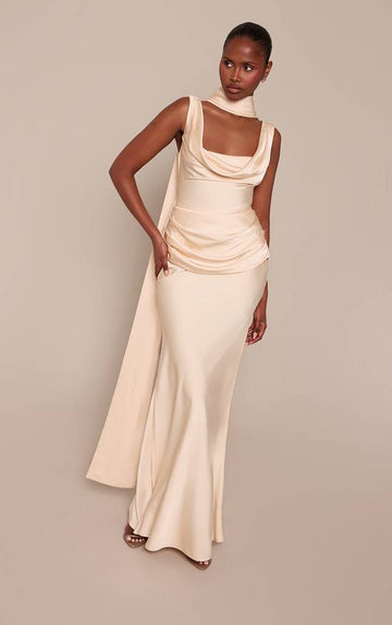 Women's PLT Label Buttercream Satin Cowl Draped Fishtail Maxi Dress, butter cream