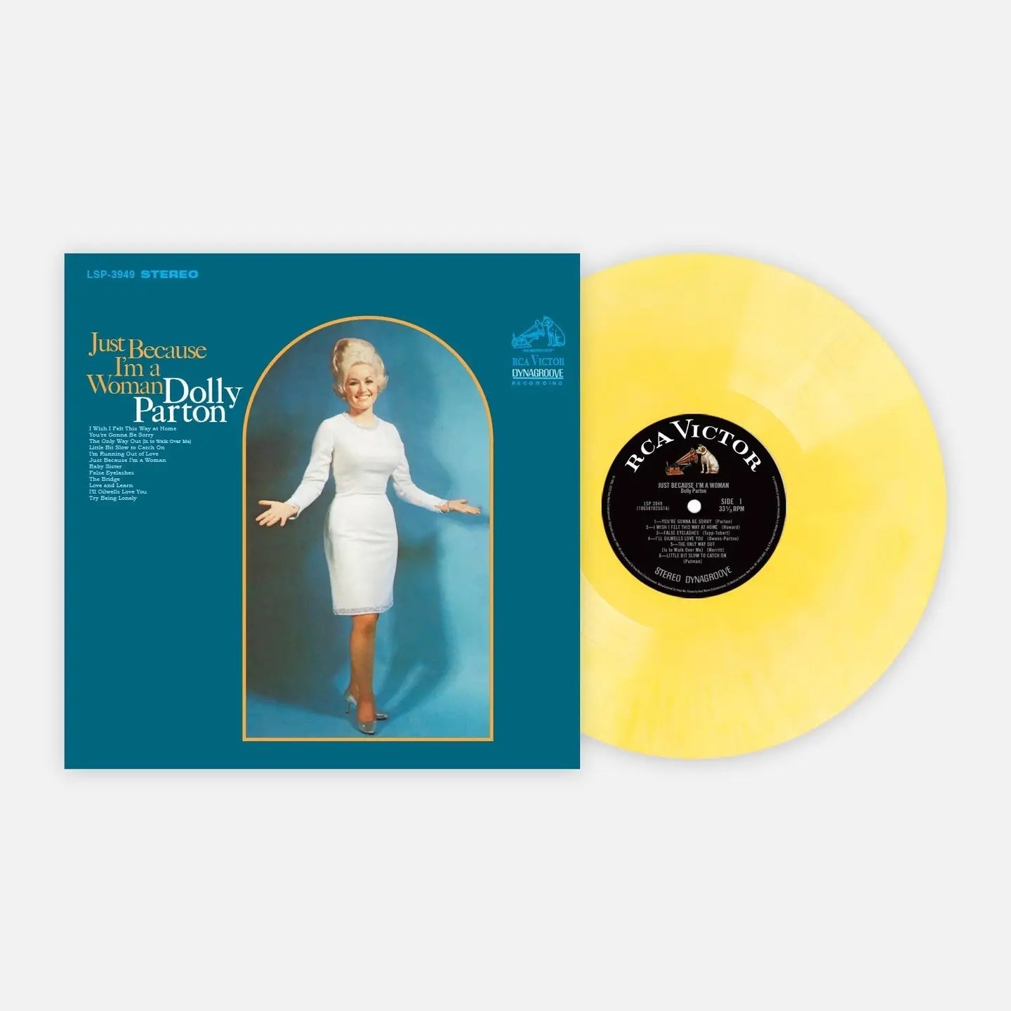 Vinyl record with blue cover featuring Dolly Parton and yellow disc.