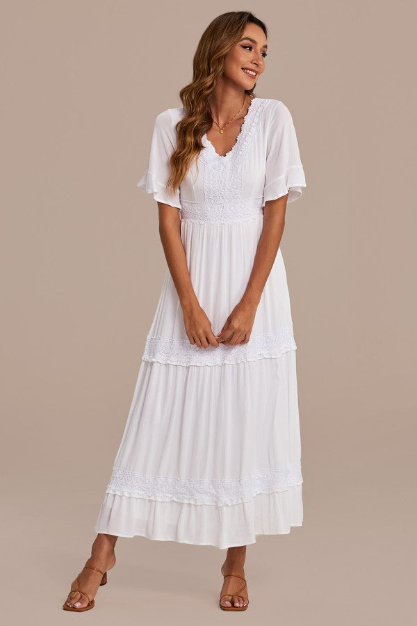 White Lace Short Sleeve V Neck Tiered Maxi Dress