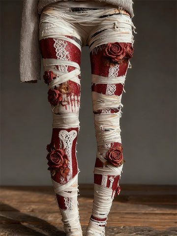 Comstylish Halloween Skeleton Anatomy Lace Bloody Roses Bandages Leggings