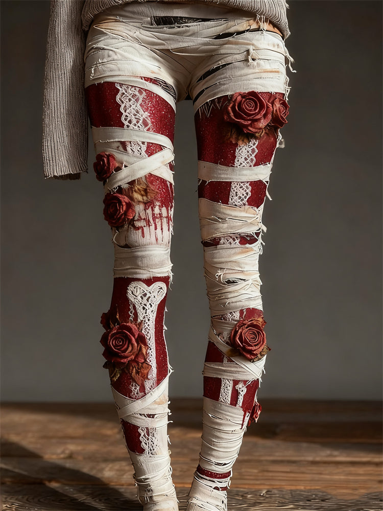 Comstylish Halloween Skeleton Anatomy Lace Bloody Roses Bandages Leggings
