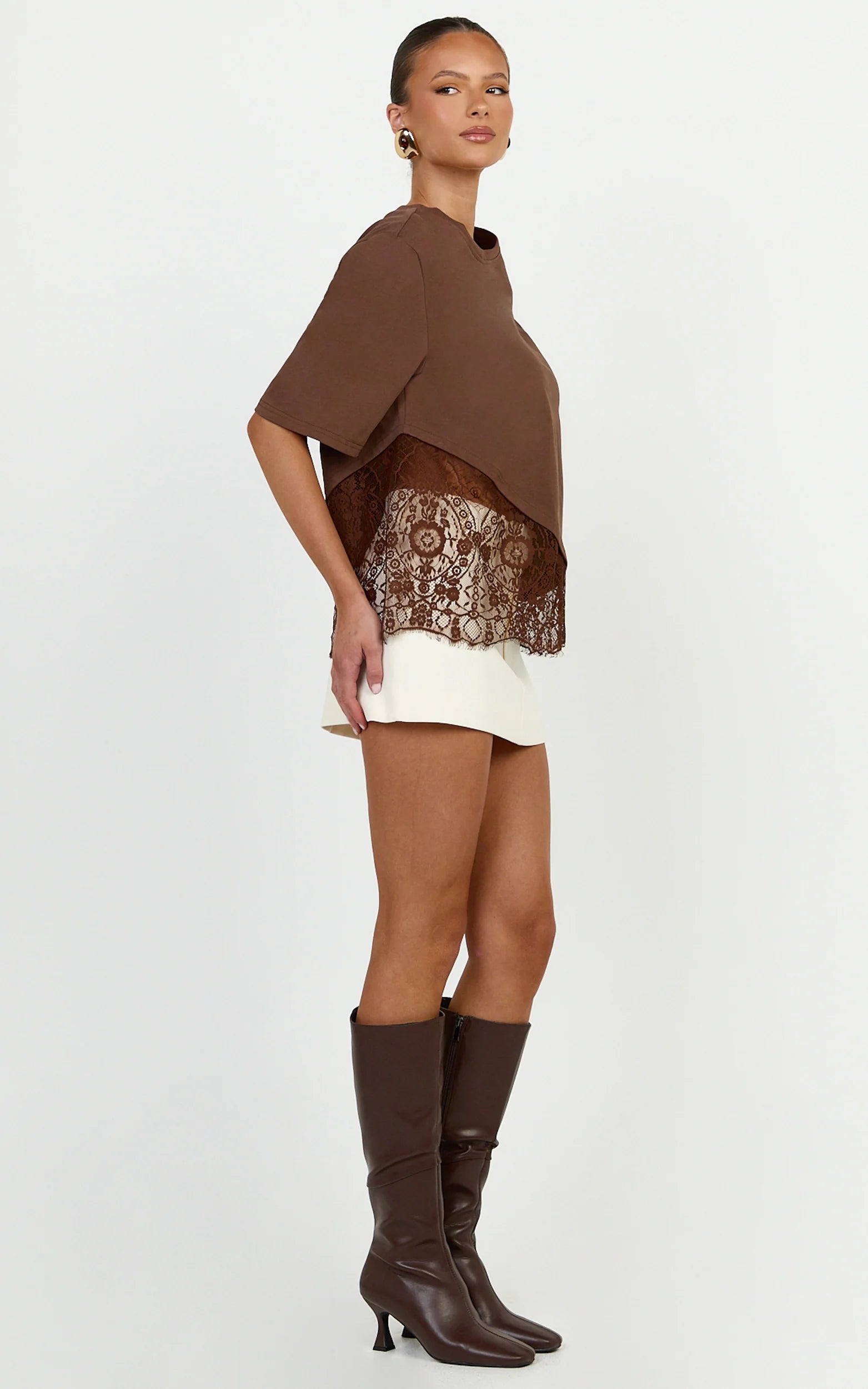 Abby Top - Asym Tee with Lace Trim in Chocolate