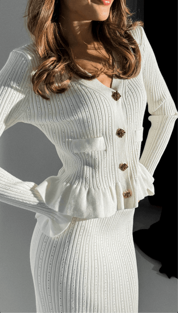 Damen Strick-Set mit V-Ausschnitt Peplum-Saum und Langen Ärmeln