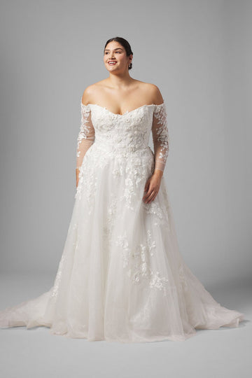 Plus-Size Off-The-Shoulder Long Sleeve Tulle A-Line Wedding Dress by Demetrios — image 1 of 4