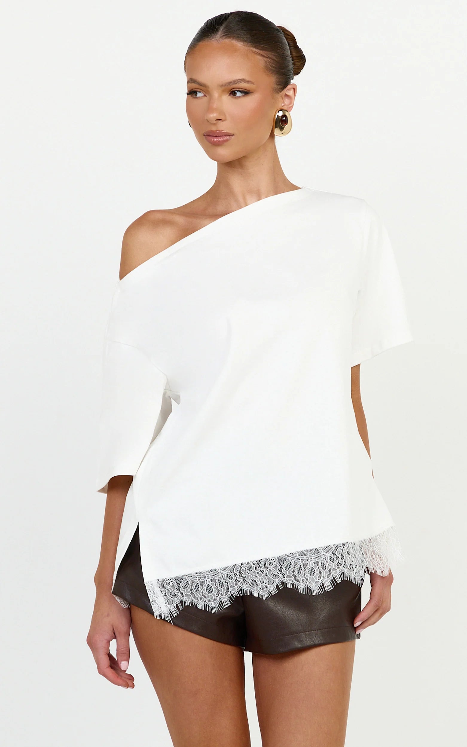 Lyra Top - Asym Lace Trim Tee in White