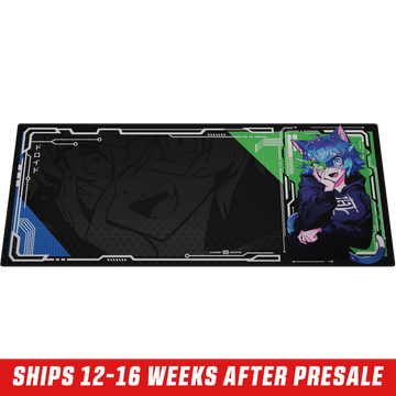 Rectangular mouse pad with anime character in blue hair and cat ears wearing glasses on black background.