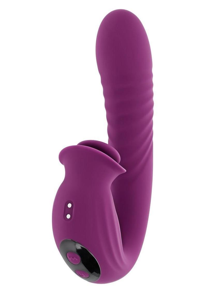 Deep Ecstasy Rechargeable Silicone Ribbed Thrusting Rabbit Vibrator with Clitoral Stimulator - Purple on white background