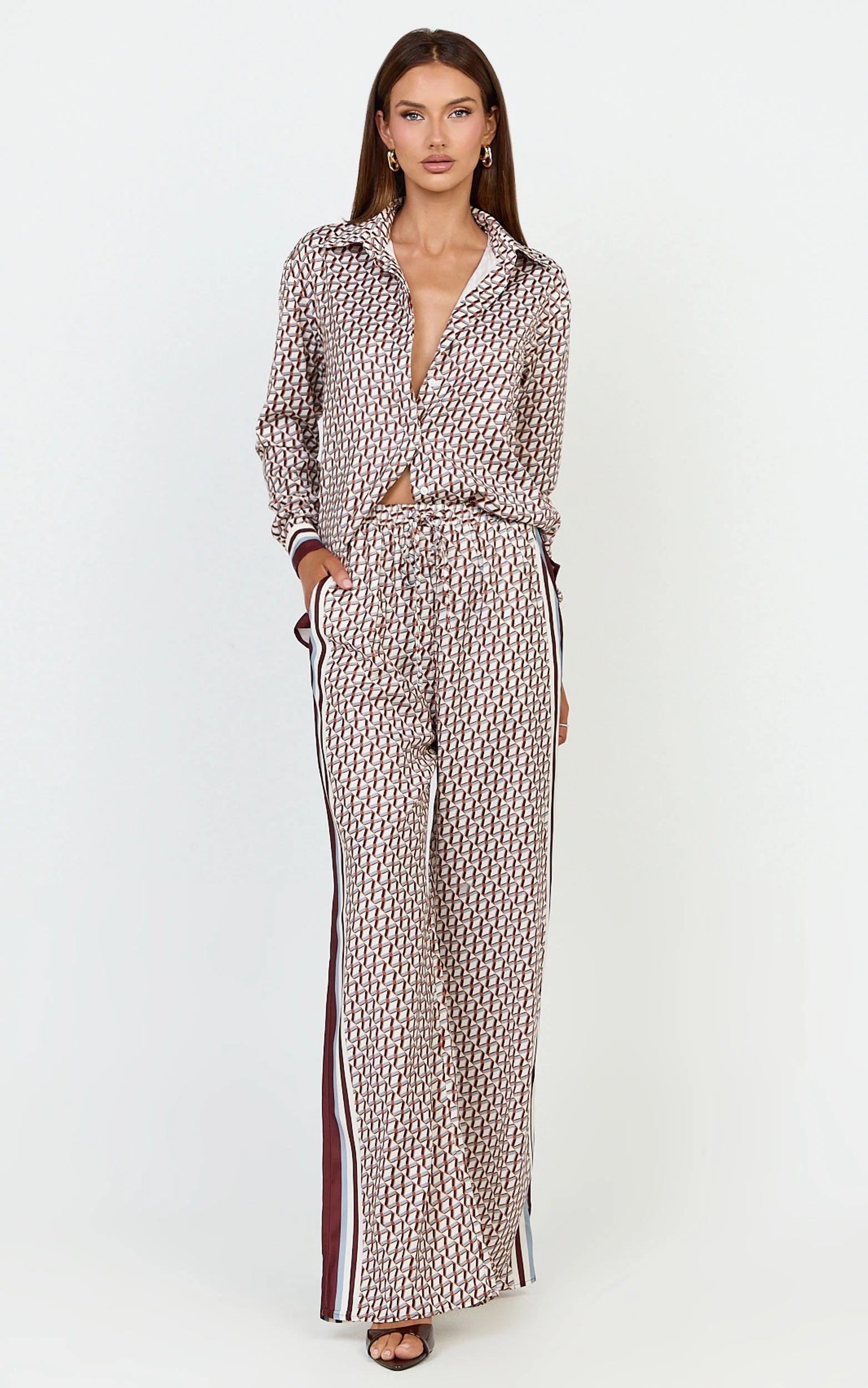 Noelle Top - Geo Border Print Button Front Long Sleeve Shirt in Multi
