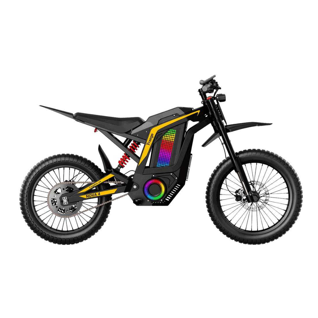 Freego Nova 4 mid-drive electric dirt bike on rugged terrain with hydraulic suspension and LED lights