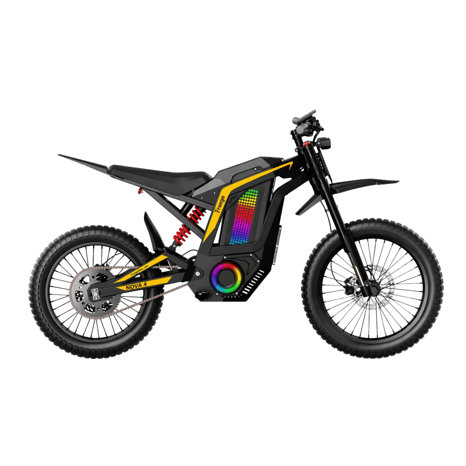 Freego Nova 4 mid-drive electric dirt bike on rugged terrain with hydraulic suspension and LED lights