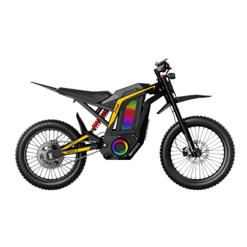 Freego Nova 4 mid-drive electric dirt bike on rugged terrain with hydraulic suspension and LED lights