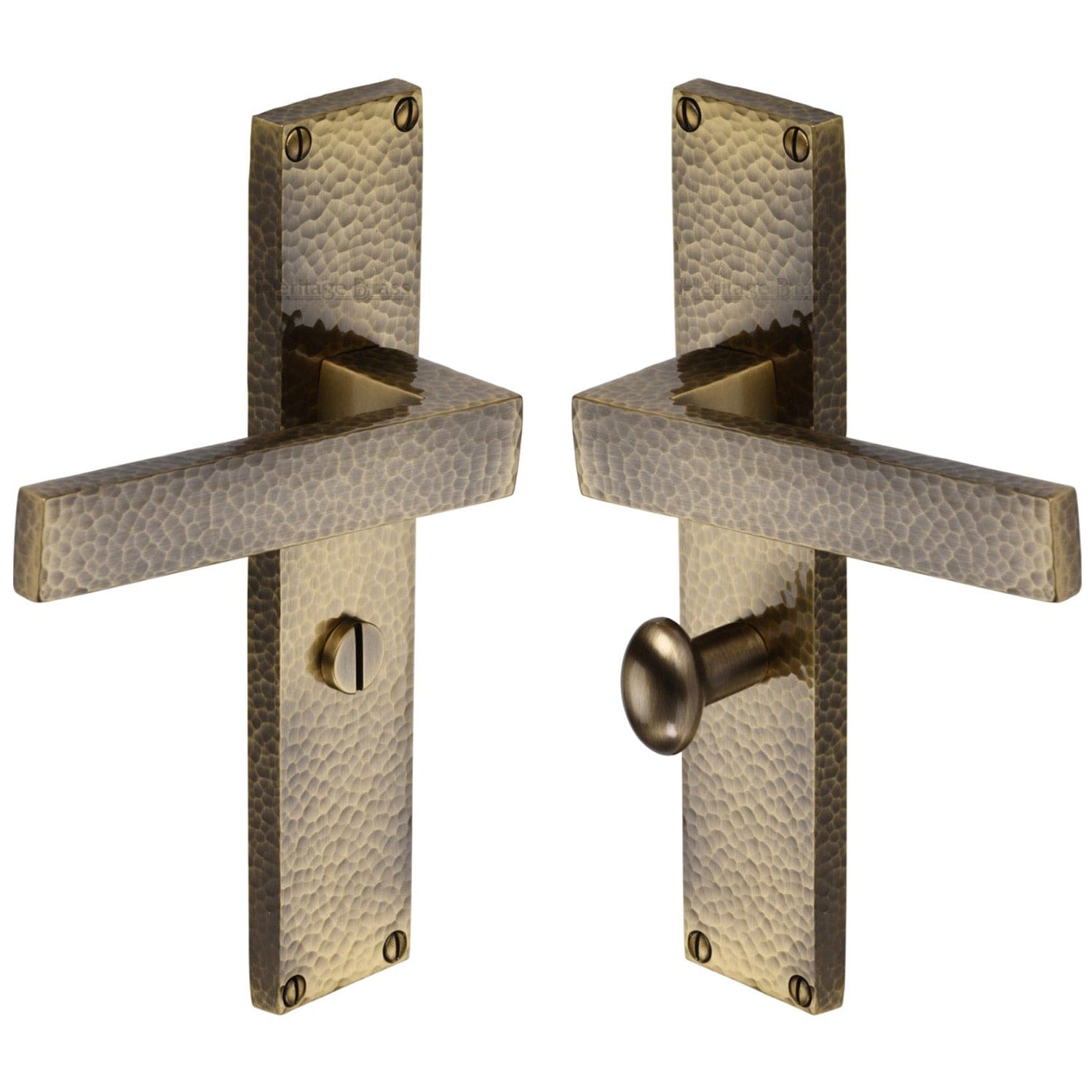 Heritage Brass Door Furniture Antique Brass / Bathroom Lock Handles Heritage Brass - Delta Hammered Bathroom Set Door Handle on 200mm Plate Antique Brass finish
