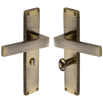 Heritage Brass Door Furniture Antique Brass / Bathroom Lock Handles Heritage Brass - Delta Hammered Bathroom Set Door Handle on 200mm Plate Antique Brass finish