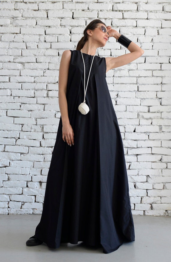 Plus Size Maxi Dress/Loose Kaftan/Casual Sleeveless Dress/Front Zipper Black Dress/Oversize Tunic/No Sleeve Cotton Dress METD0017