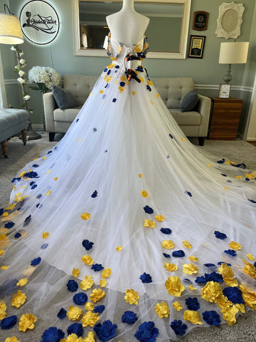 Kristen Yellow and Blue 3D Wedding dress, Colored A-Line Wedding Dress with 3D flowers, Disney Wedding Dress , Floral Wedding Dress