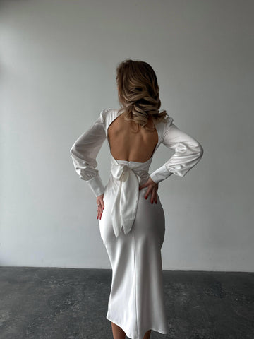 White Silk Satin Open Back Dress With Long Sleeves for Elopement, Civil  Wedding, Engagement Photos