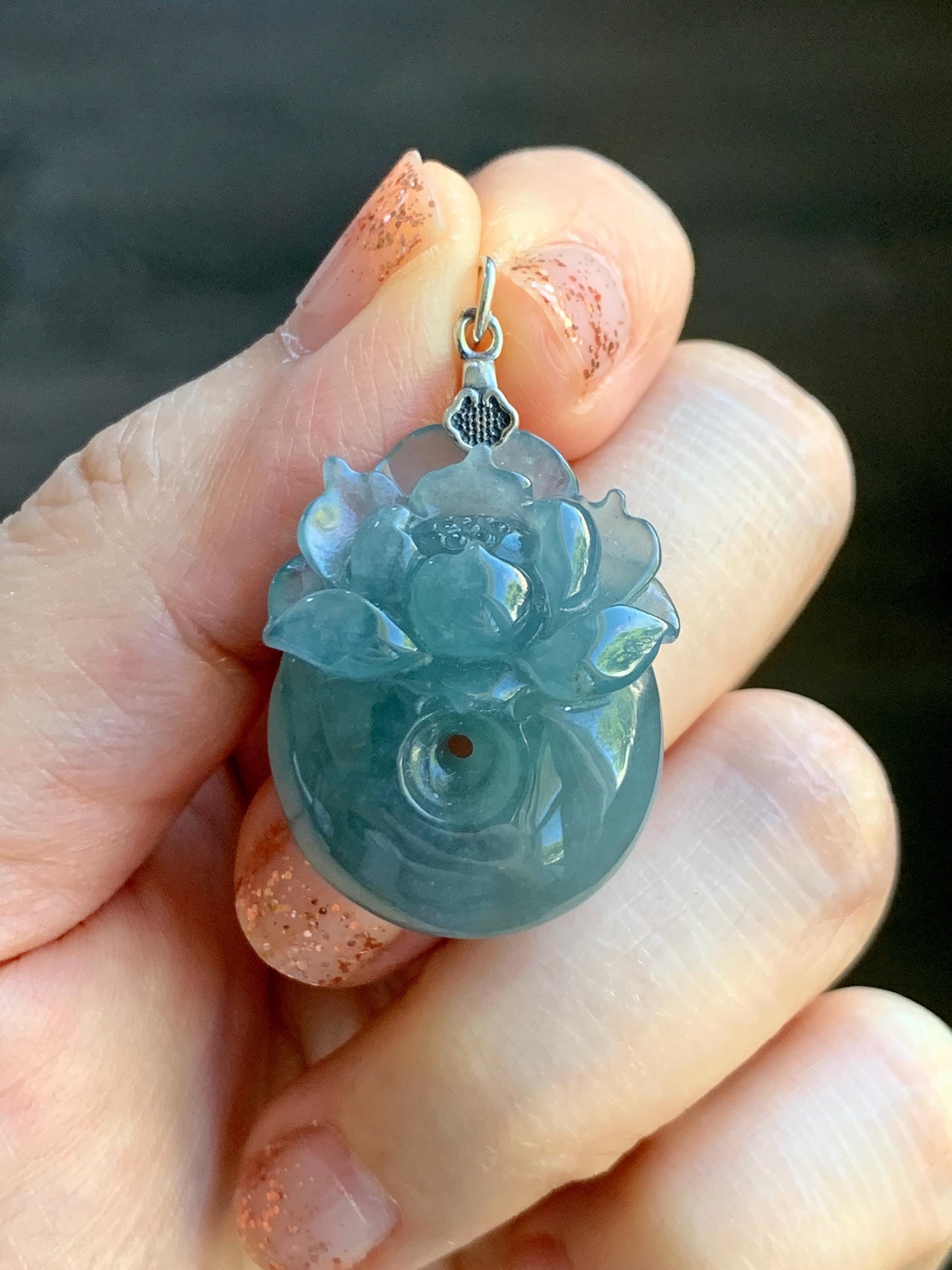Natural Type A Guatemalan Icy Translucent Teal Blue Jadeite Lotus Flower Ping An Kou Donut Pendant Sterling Silver 天然冰危蓝翡翠莲花平安扣吊坠 DWH369B