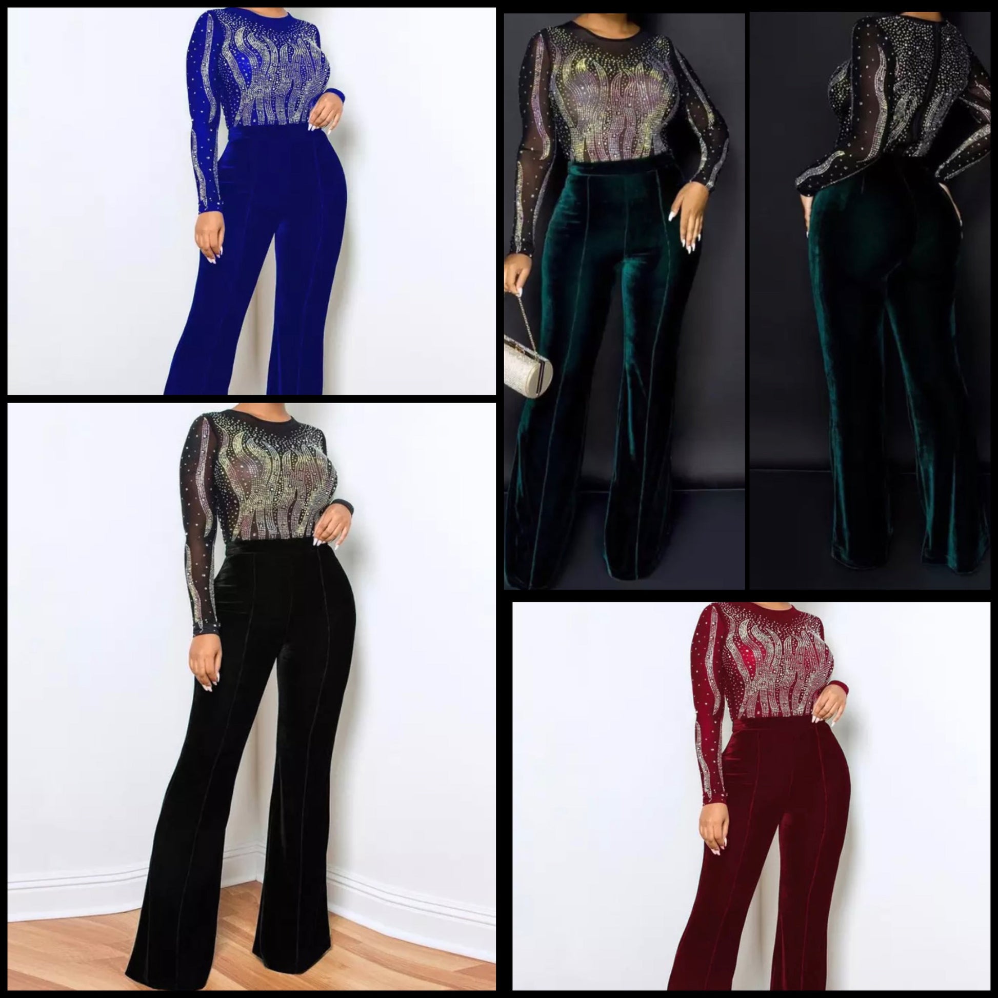 Women Mesh Sequins Patchwork Sexy Velour Jumpsuit