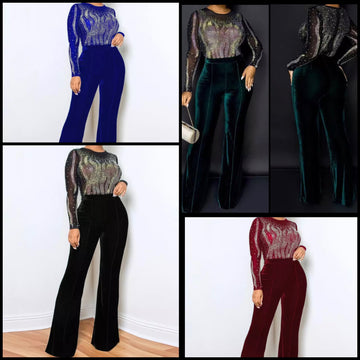 Women Mesh Sequins Patchwork Sexy Velour Jumpsuit