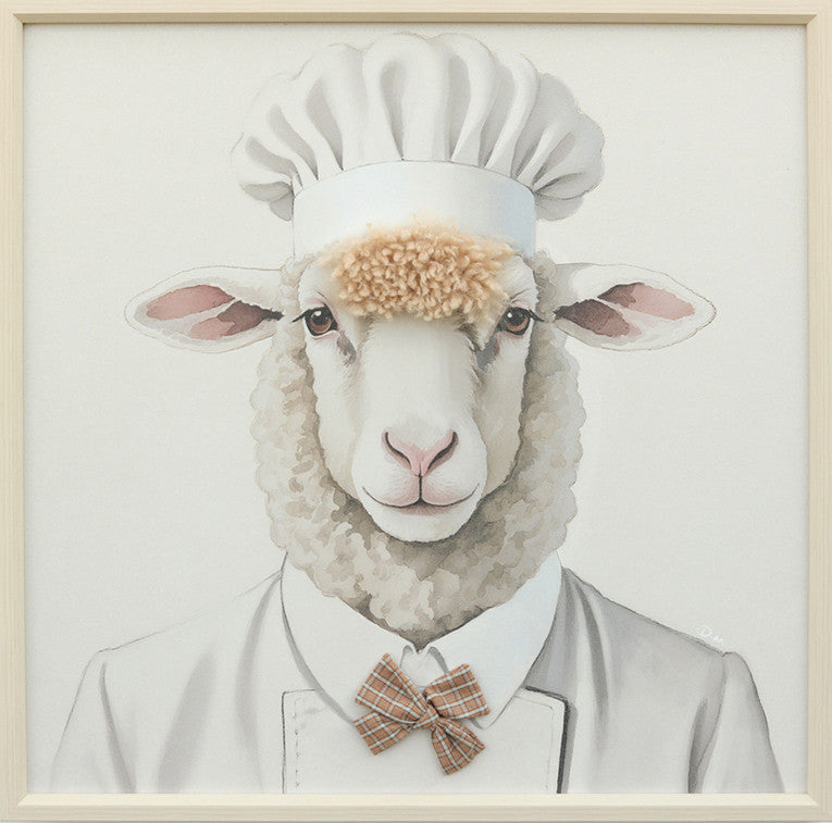 Aaibaar canvas schilderij met lijst & imitatie bont Chef schaap 60x60 cm