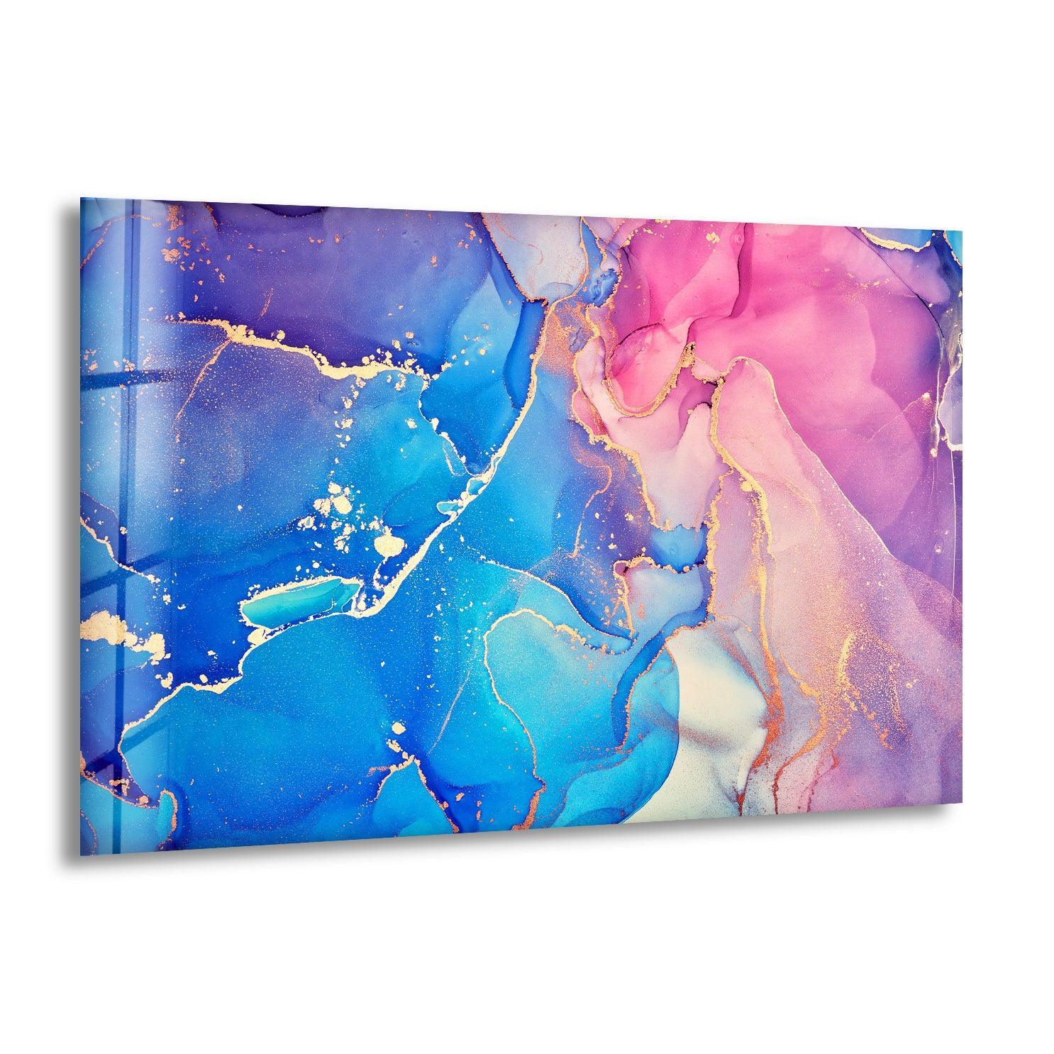 Exquisite art from glass featuring flowing pink and blue abstract forms with shimmering gold accents.