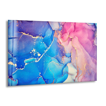 Exquisite art from glass featuring flowing pink and blue abstract forms with shimmering gold accents.