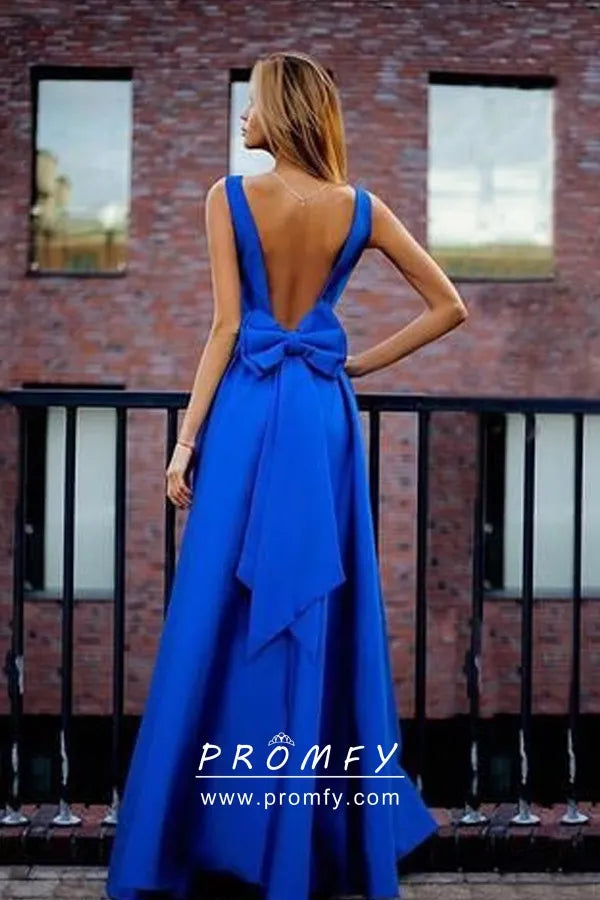 Low V Back with Bow Royal Blue Satin Formal Dress