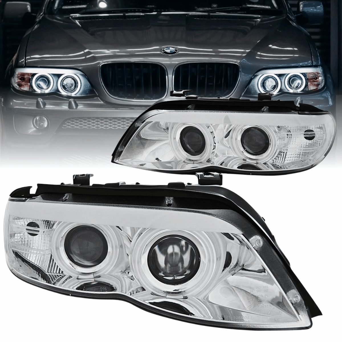 Angel Eyes D2S Xenon Scheinwerfer Chrom für BMW X5 E53 2003-2006, vorne und seitlich
