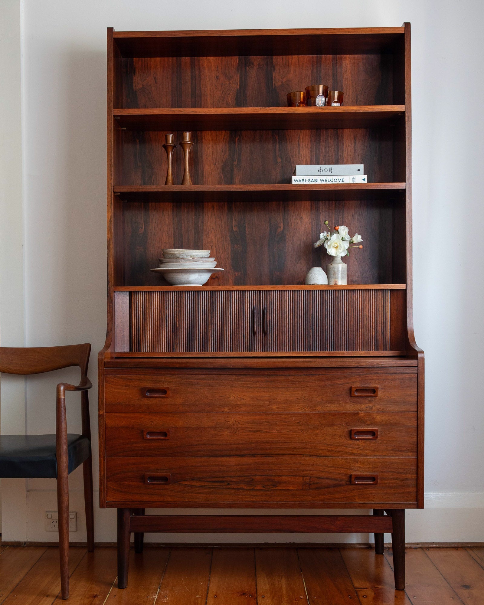 Danish rosewood bookcase with desk and drawers by Johannes Sorth for Bornholm