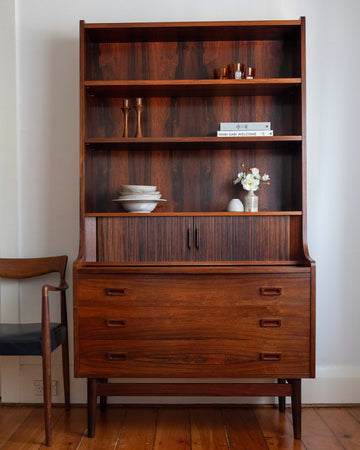 Danish rosewood bookcase with desk and drawers by Johannes Sorth for Bornholm