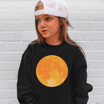 Black kids sweatshirt with vibrant orange full moon graphic on front for halloween toddler and youth pullover
