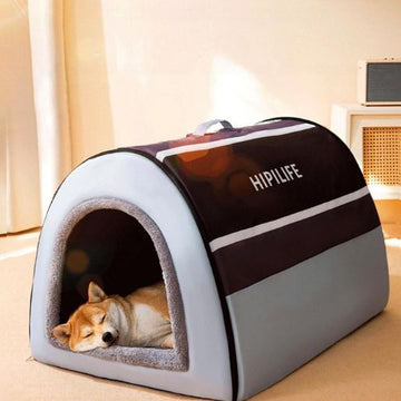 Chow Chow endormi dans une niche pour chien douce et cocooning, baignée de lumière naturelle – un refuge paisible et confortable pour des siestes en toute sérénité