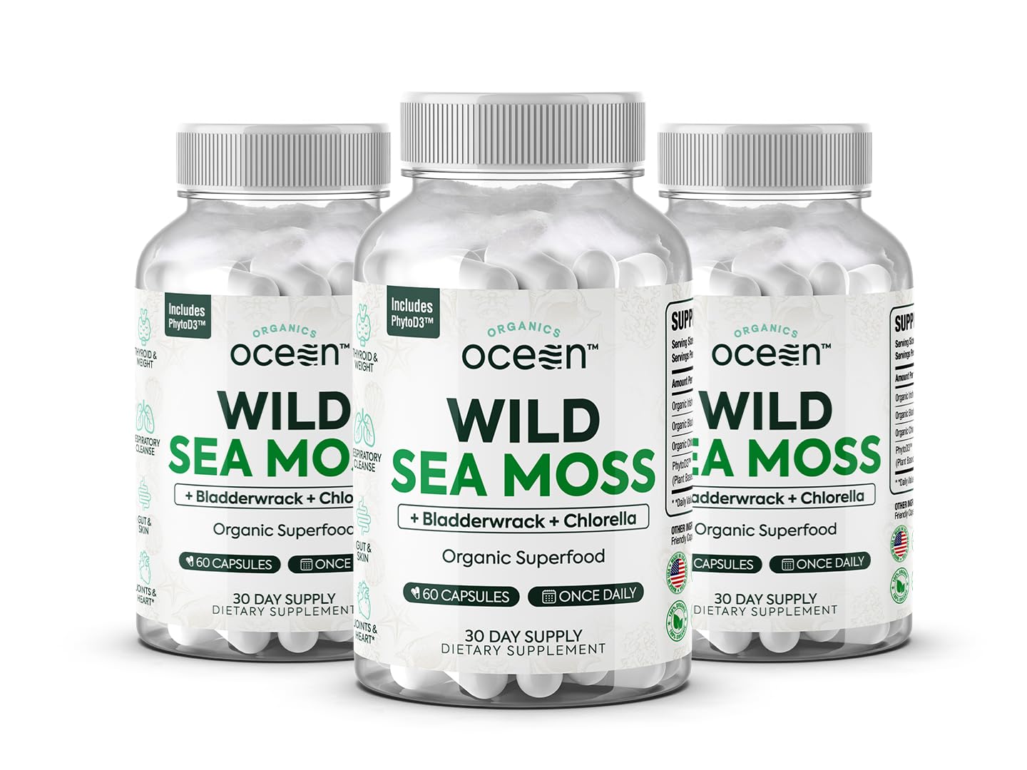 Close up of Organics Ocean Wild Sea Moss Capsules bottle